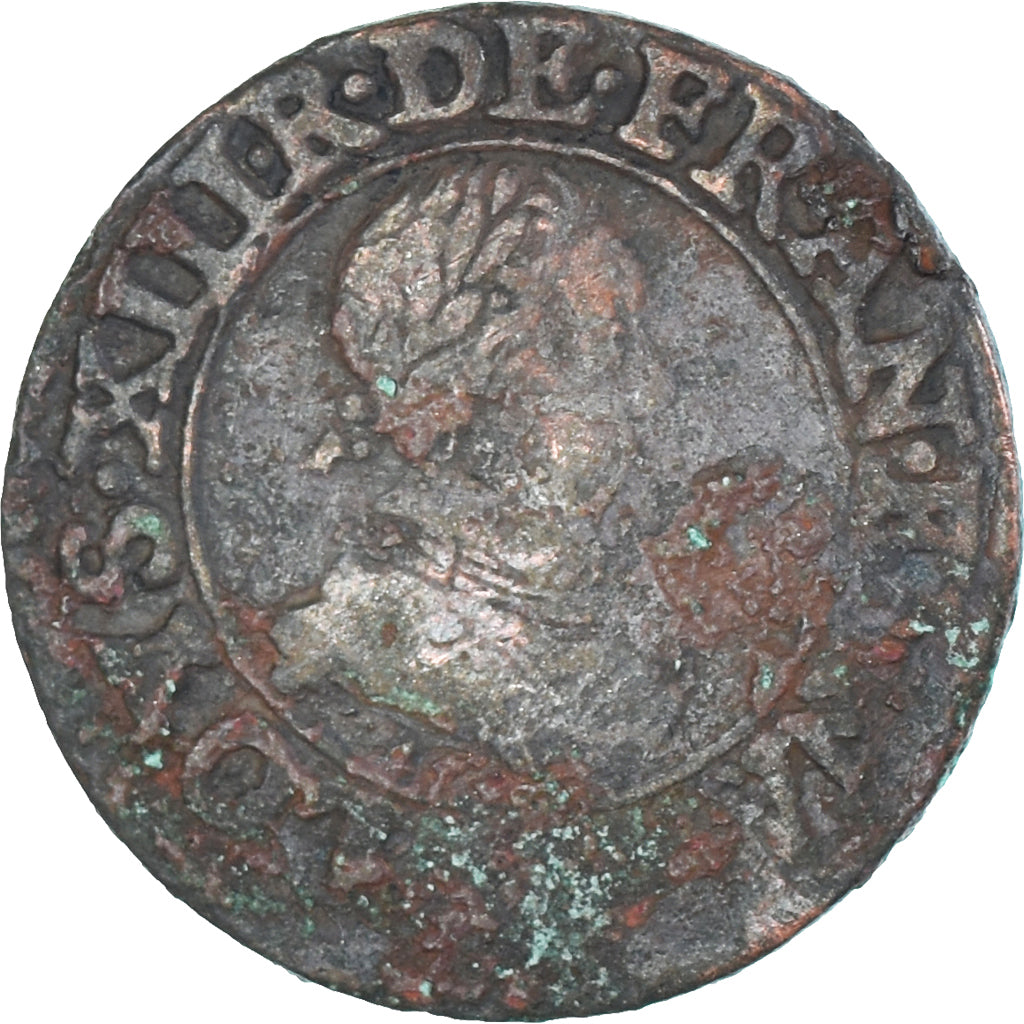 Moneda, Francia, Louis XIII, Double Tournois, 1613, Uncertain Mint, BC+, Cobre