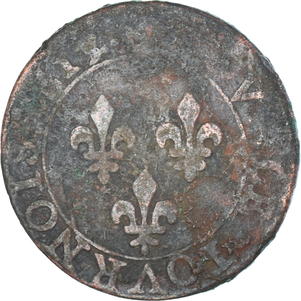 Moneda, Francia, Louis XIII, Double Tournois, 1613, Uncertain Mint, BC+, Cobre