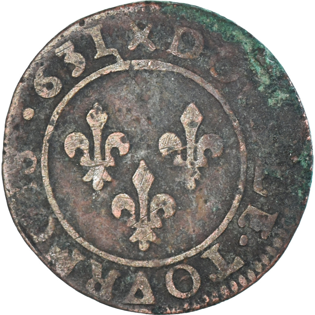 Moneda, Francia, Louis XIII, Double Tournois, 1631, Lyon, BC+, Cobre, CGKL:350