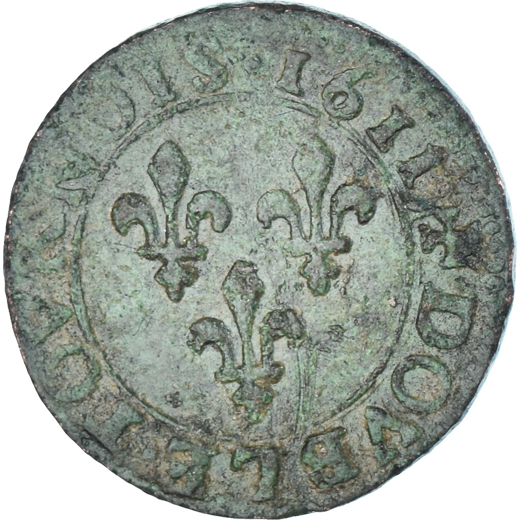 Moneda, Francia, Louis XIII, Double Tournois, 1611, Bordeaux, Rare, BC+, Cobre