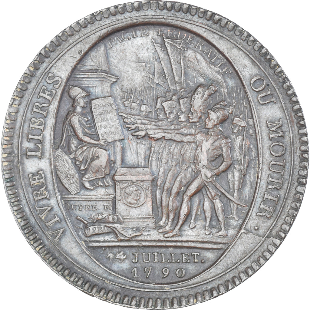 França, 5 Sols, Monneron de 5 Sols au serment, 1792 / AN 4, EF(40-45), Bronze