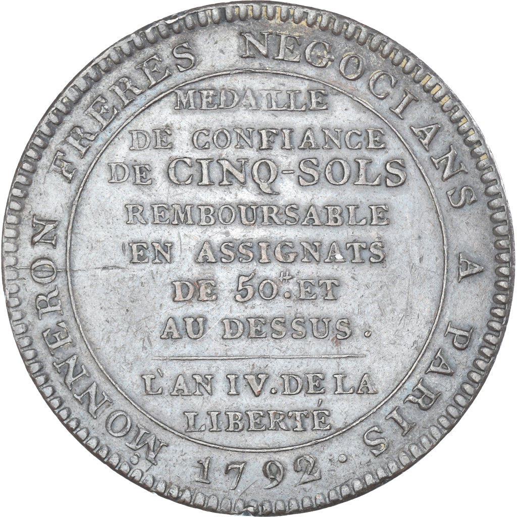 França, 5 Sols, Monneron de 5 Sols au serment, 1792 / AN 4, EF(40-45), Bronze