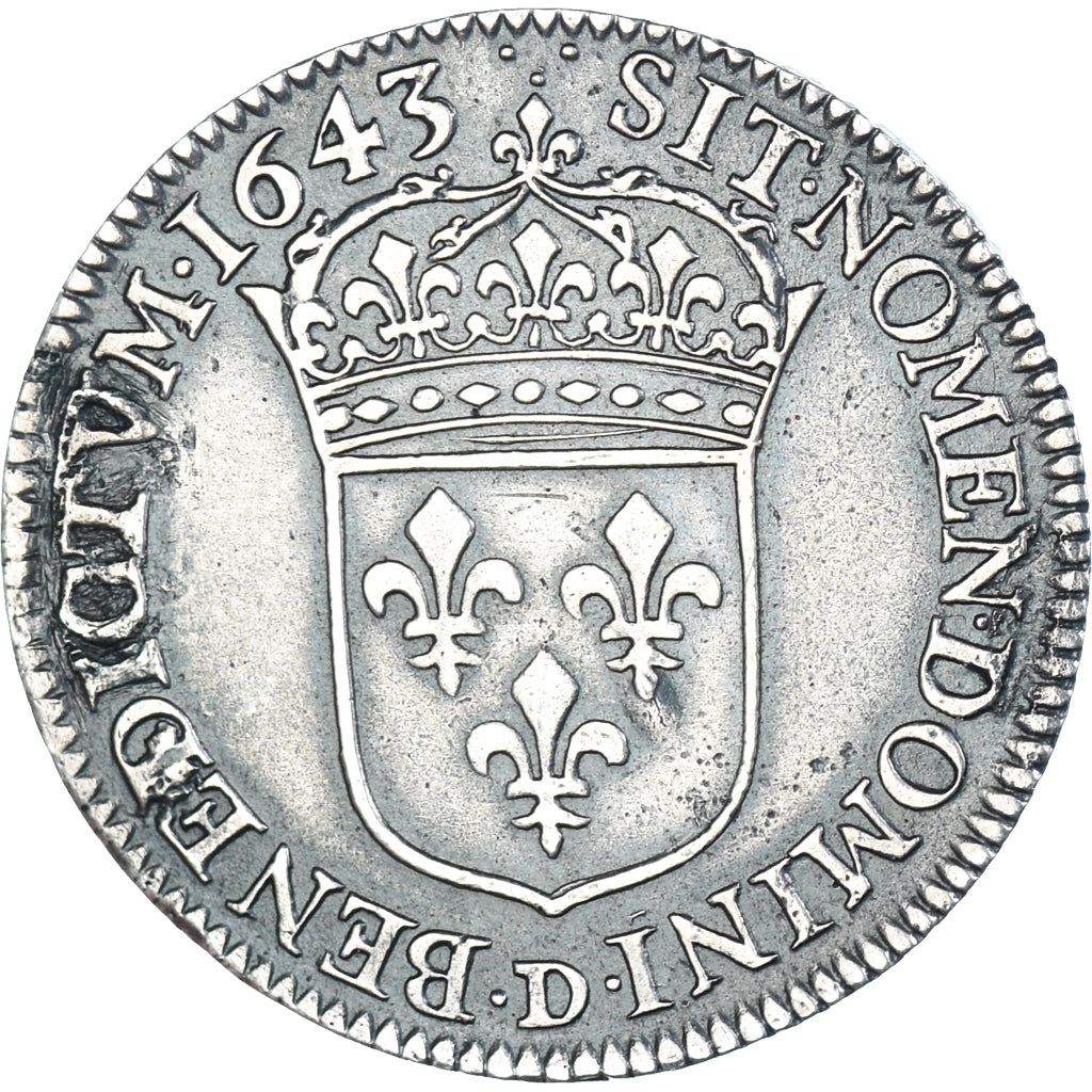 Munten, Frankrijk, Louis XIII, 1/4 Ecu, 1643, Lyon, FR+, Zilver, Gadoury:48
