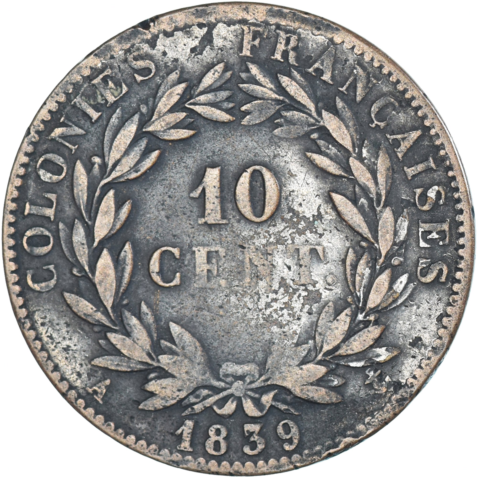 Moneda, COLONIAS FRANCESAS, Louis - Philippe, 10 Cents, 1839, Paris, BC+, Bronce