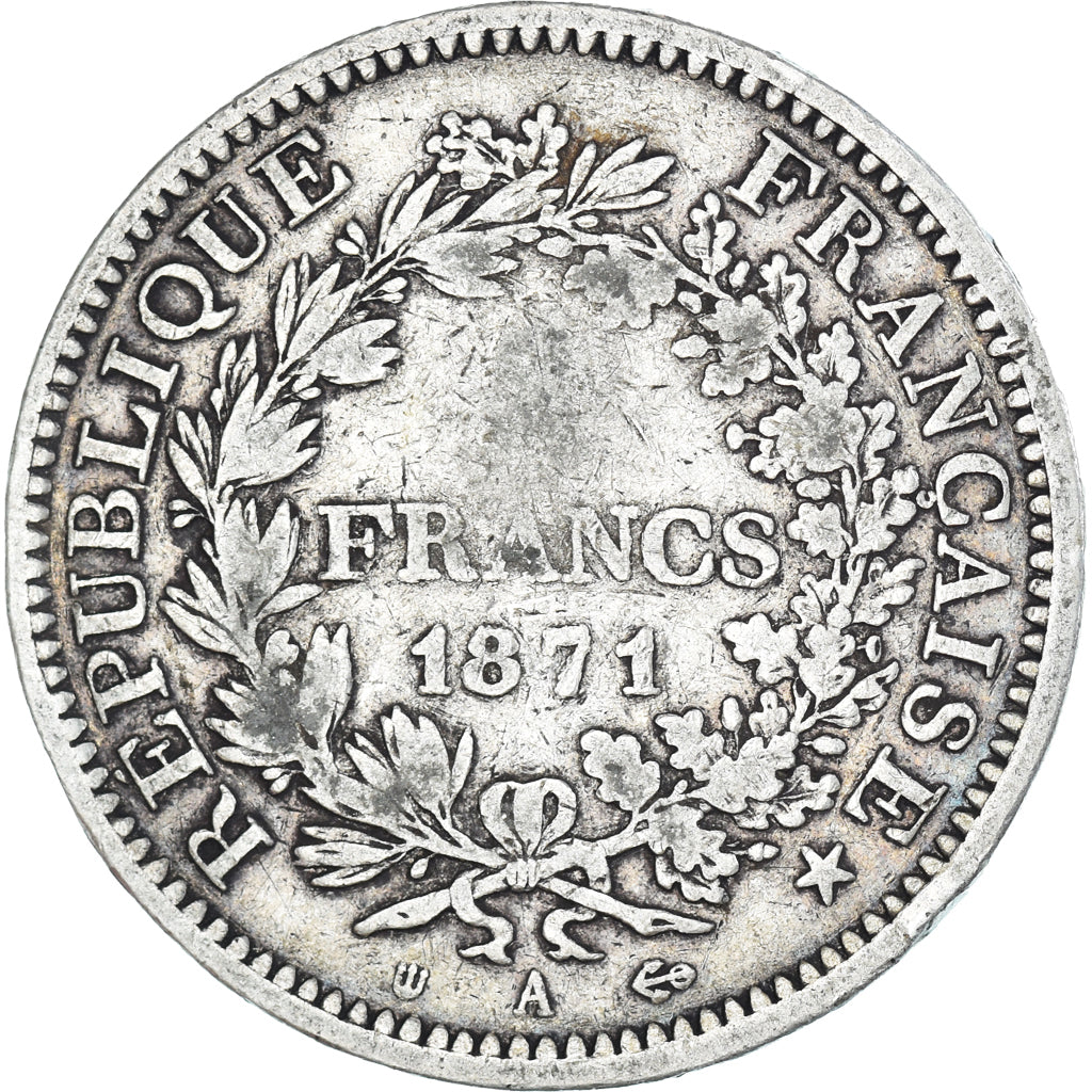 Moneda, Francia, Hercule, 5 Francs, 1871, Paris, Camélinat, BC, Plata