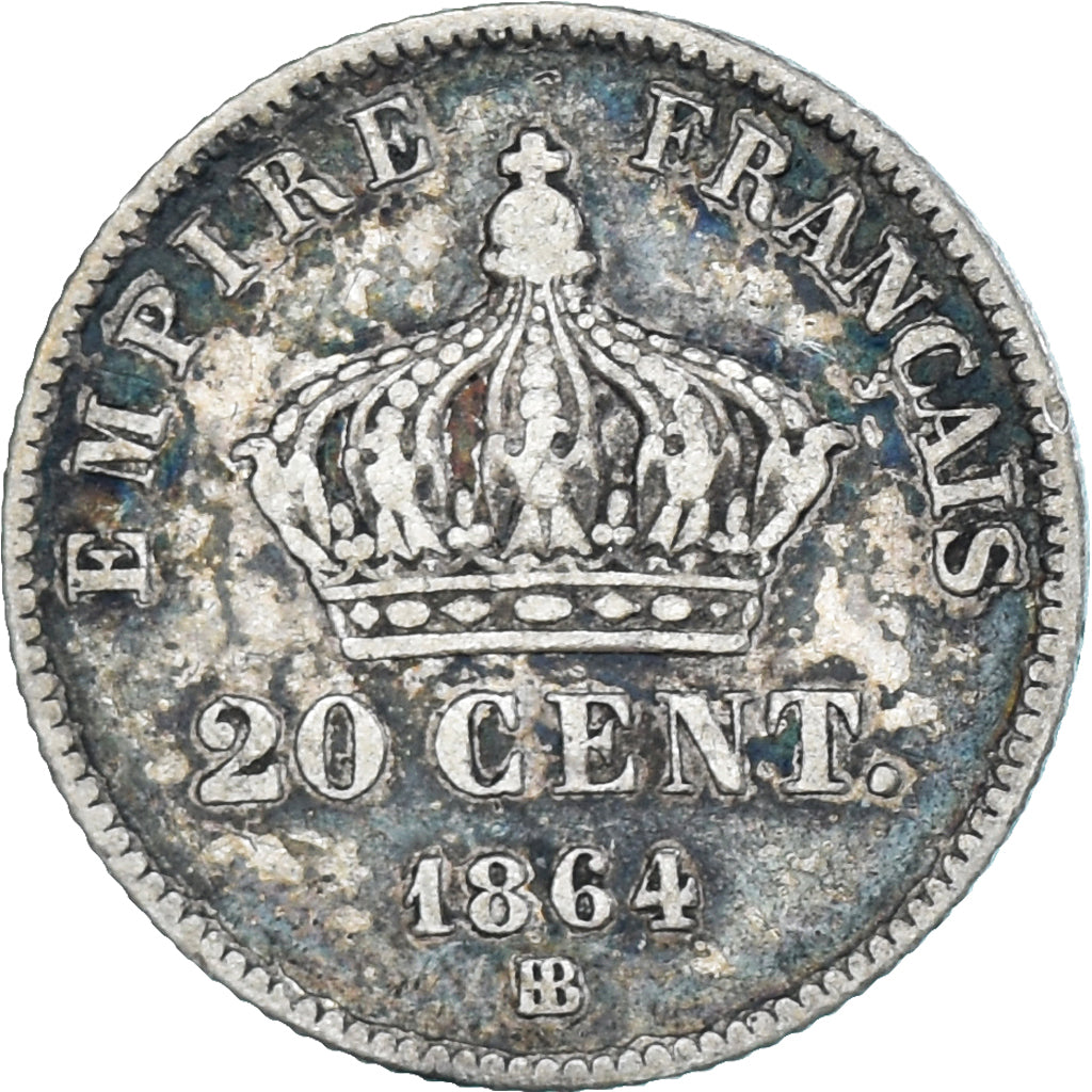 Moeda, França, Napoleon III, 20 Centimes, 1864, Strasbourg, VF(20-25), Prata