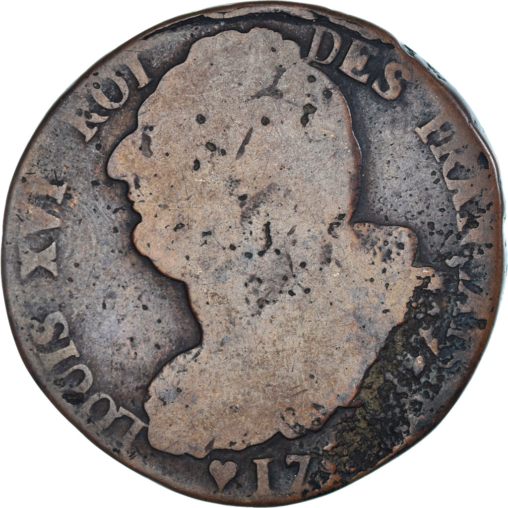 Moeda, França, Louis XVI, 2 Sols, AN 4, Strasbourg, VG(8-10), Métal de cloche