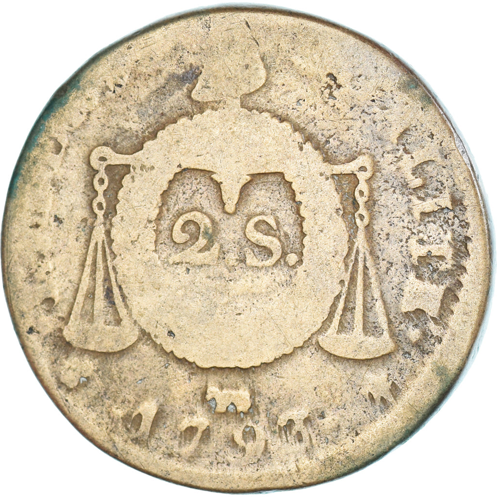 Moneda, Francia, 2 Sols, 1793, Pau, Sol à la balance, BC, Cobre, Gadoury:31
