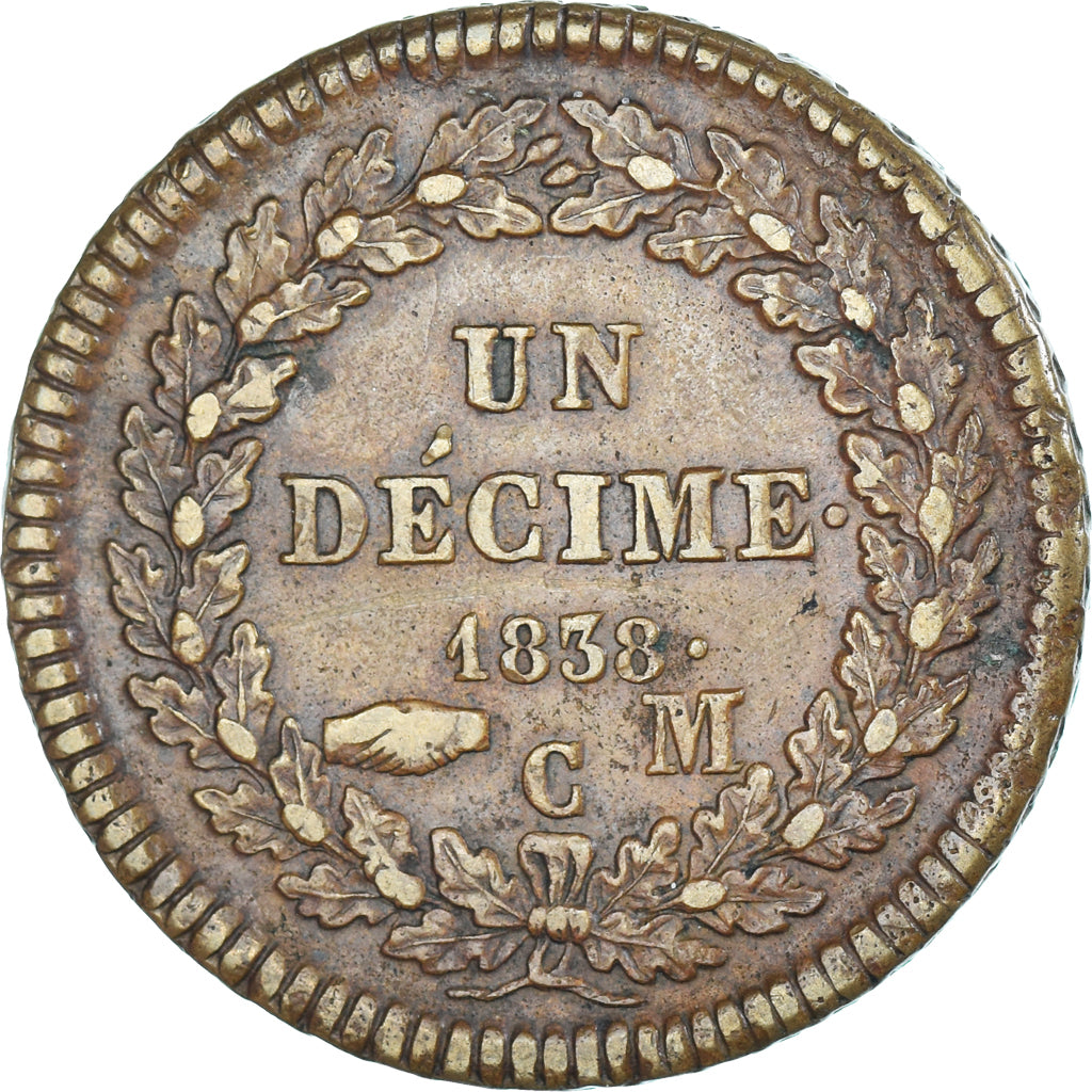 Moeda, Mónaco, Honore V, 1 Décime, 1838, Monaco, EF(40-45), Cobre Dourado