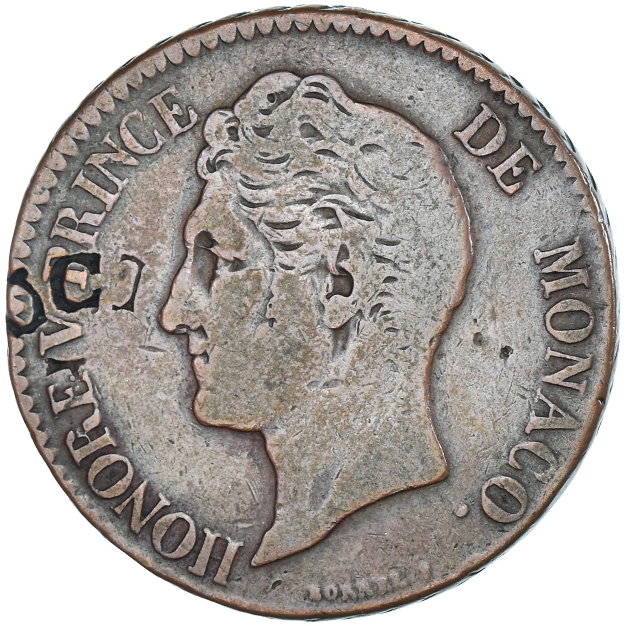 Moneta, Monaco, Honore V, 5 Centimes, 1837, Monaco, Przebicie, F(12-15), Miedź