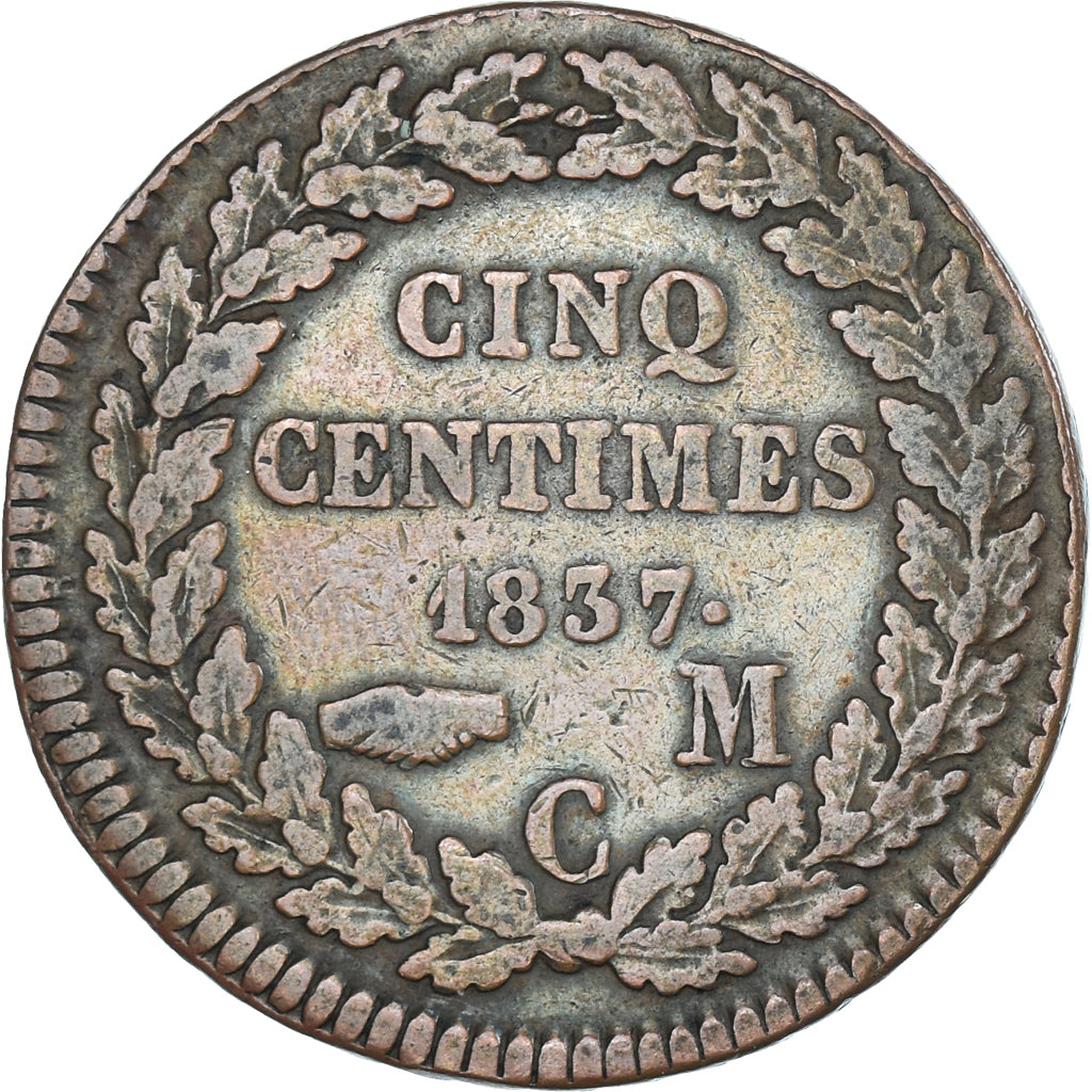 Moneta, Monaco, Honore V, 5 Centimes, 1837, Monaco, Przebicie, F(12-15), Miedź