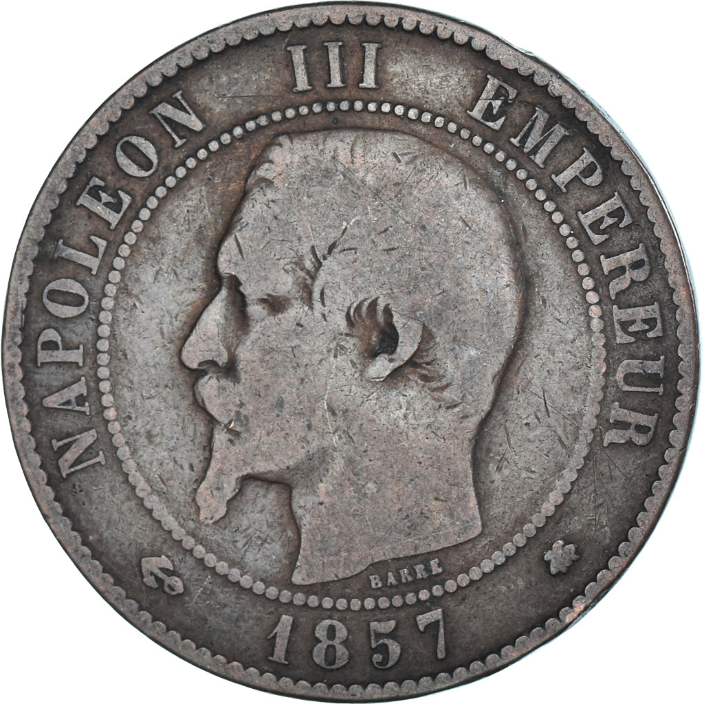 Moeda, França, Napoleon III, 10 Centimes, 1857, Strasbourg, F(12-15), Bronze
