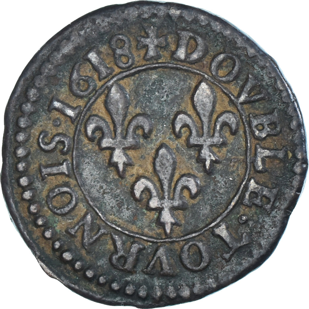Moneta, Francia, Louis XIII, Double Tournois, 1618, Lyon, BB, Rame, Gadoury:5