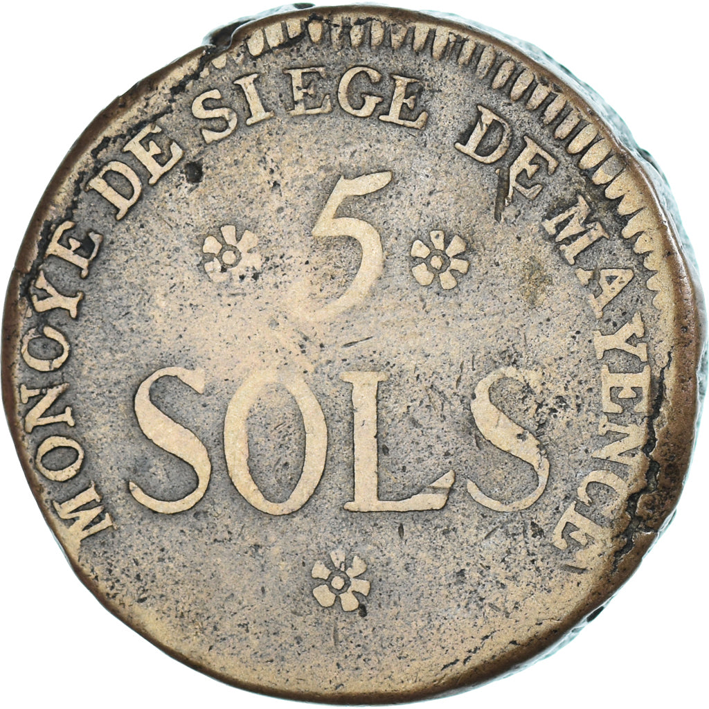 Moneta, Francia, 5 Sols, 1793 - AN II, Mayence, Siège de Mayence, MB+, Métal
