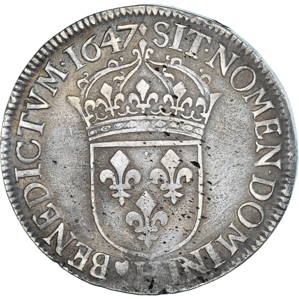 Moneda, Francia, Louis XIV, Écu à la mèche longue, 1647, La Rochelle, BC+