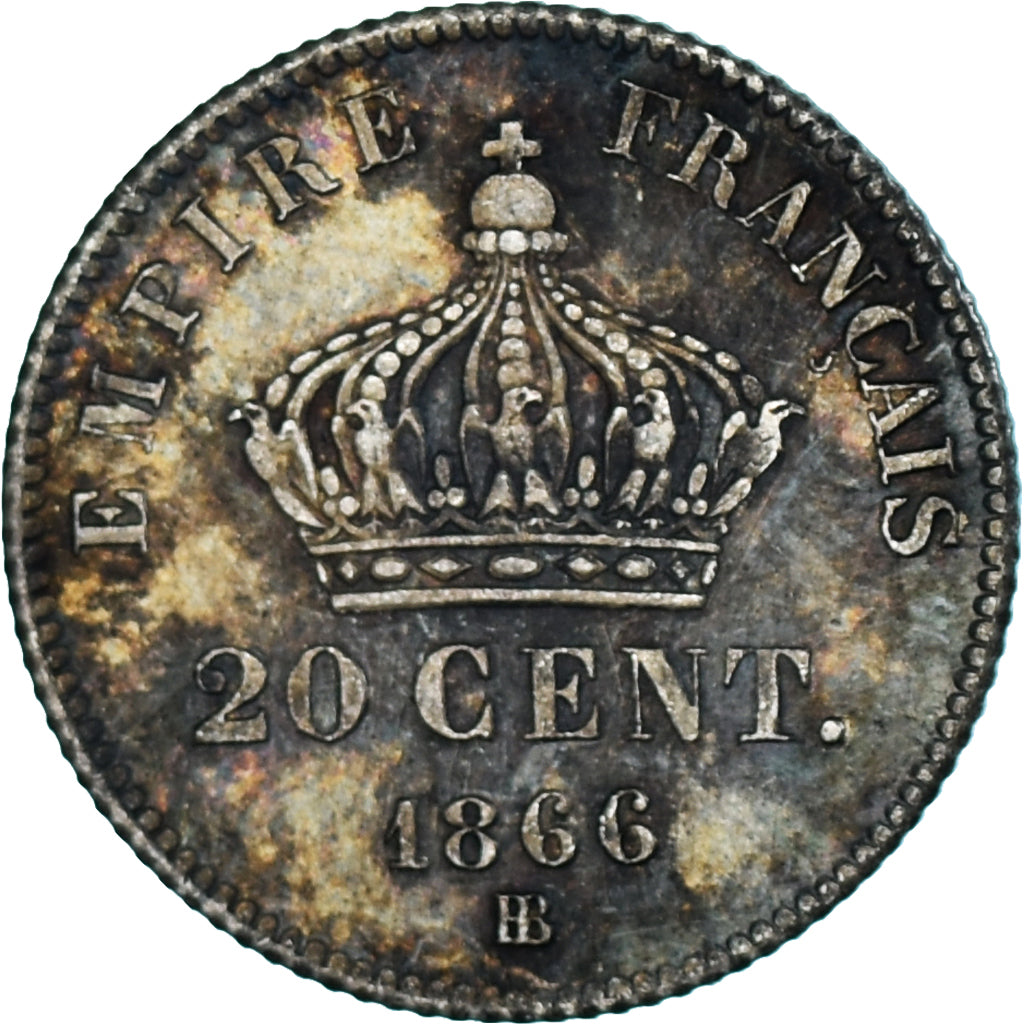 Moeda, França, Napoleon III, 20 Centimes, 1866, Strasbourg, AU(50-53), Prata