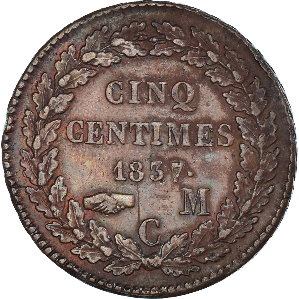 Moneda, Mónaco, Honore V, 5 Centimes, 1837, Monaco, MBC, Cobre, Gadoury:MC102