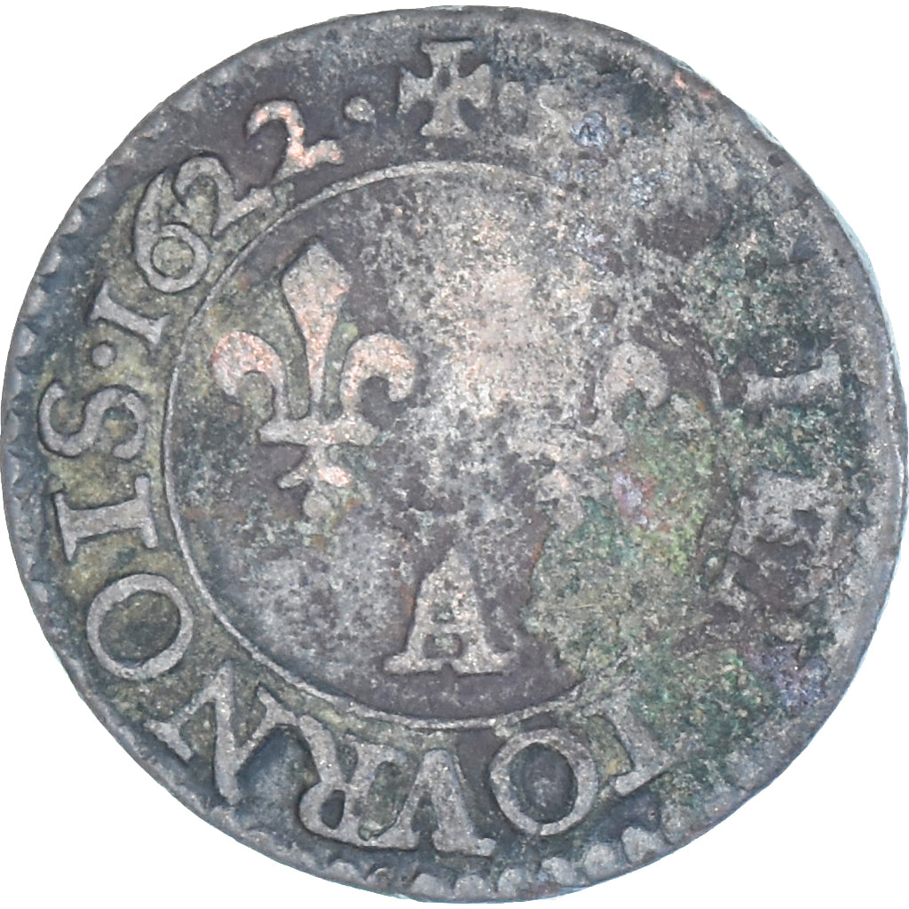 Moneda, Francia, Louis XIII, Denier Tournois, 1622, Paris, BC+, Cobre