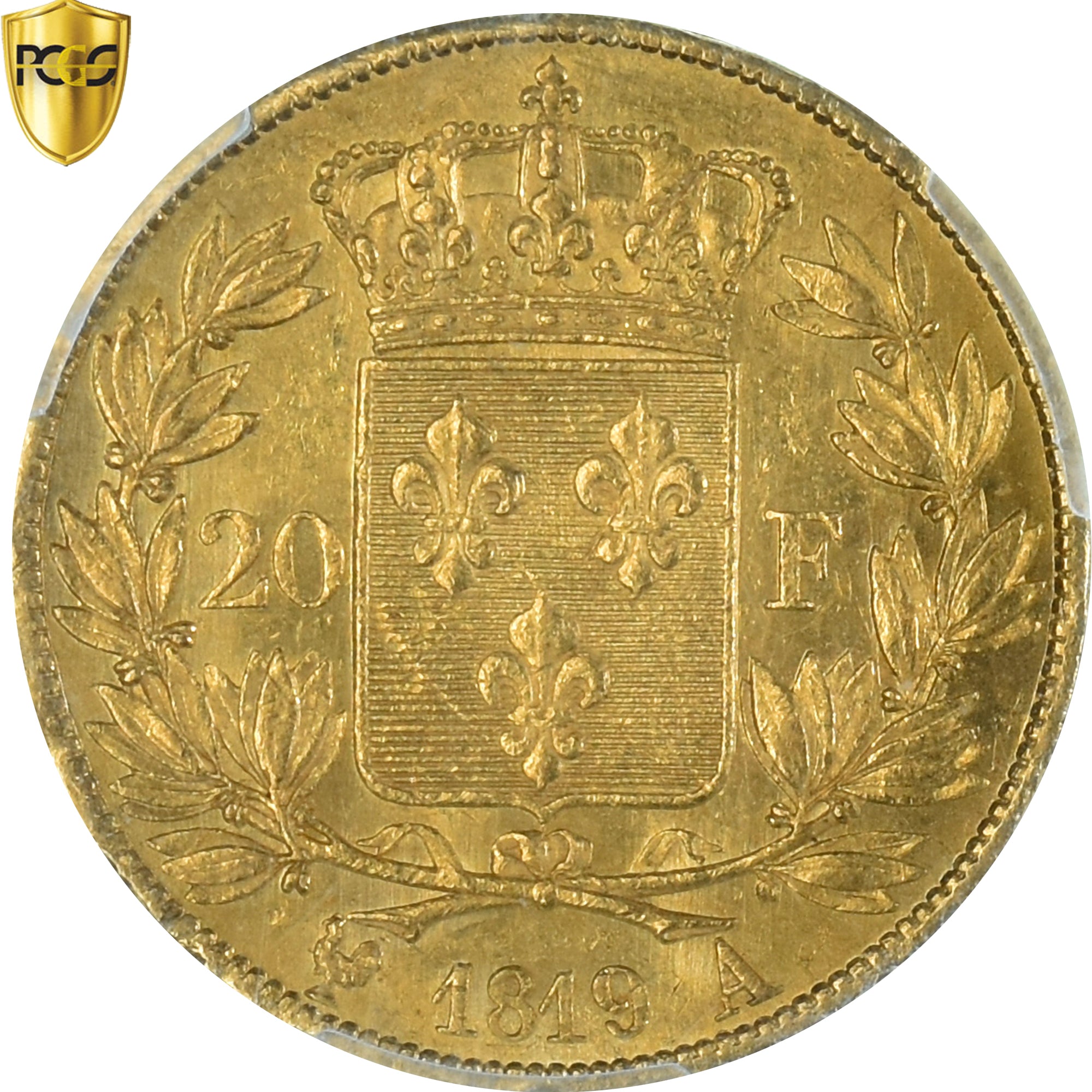 Moneda, Francia, Louis XVIII, 20 Francs, 1819, Paris, PCGS, MS62, EBC+, Oro