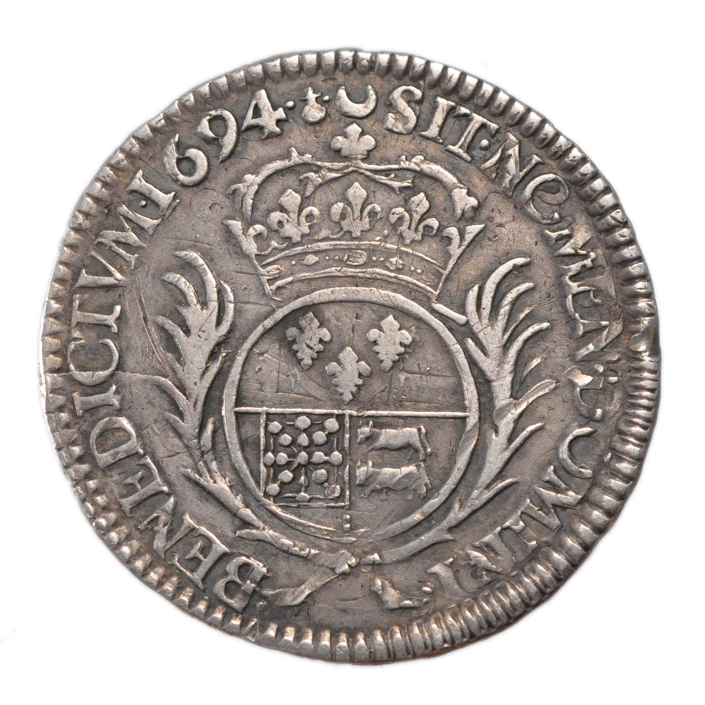 FRANCE, 1/2 Écu de Béarn aux palmes, 1/2 Ecu, 1694, Pau, VF(30-35), Silver, Ga..