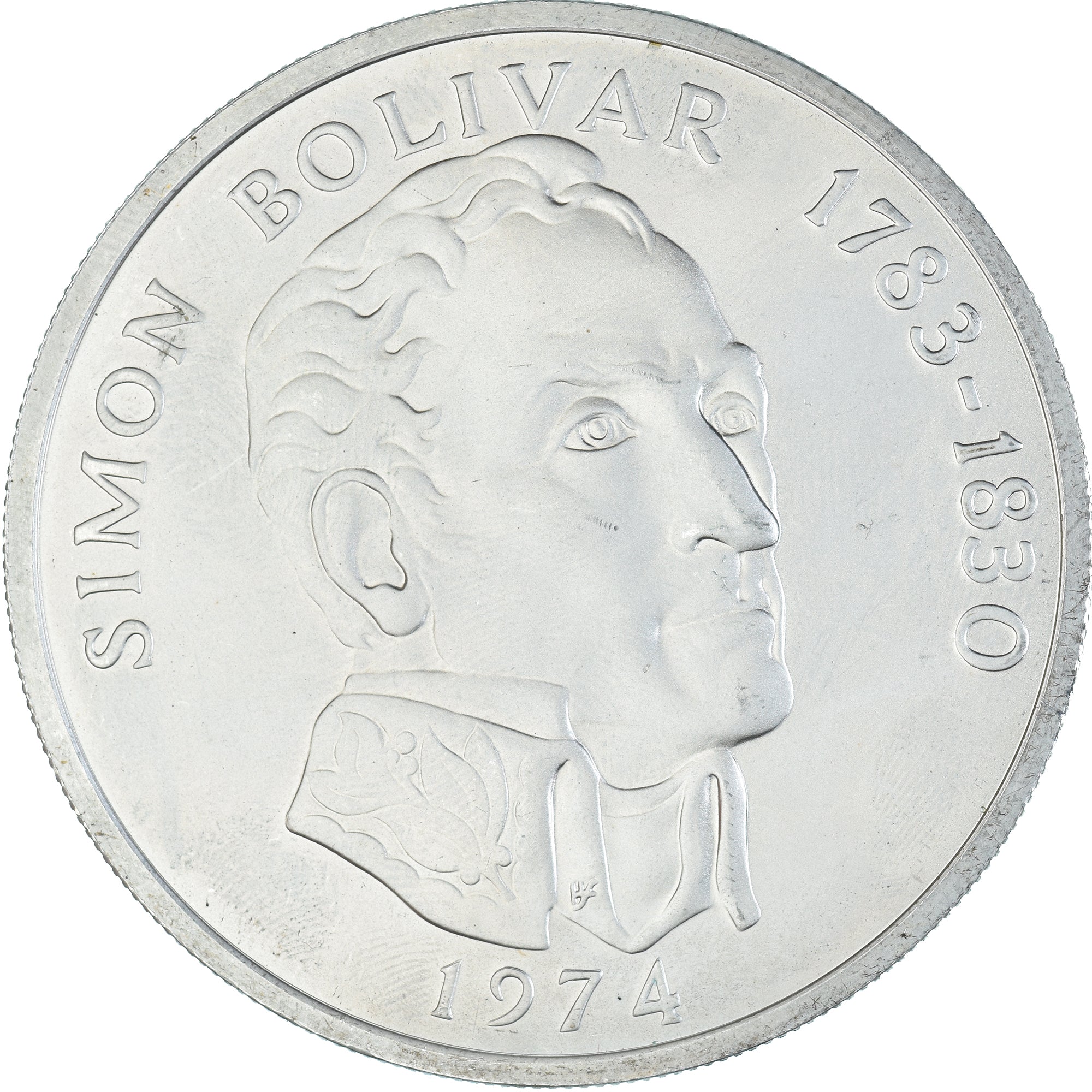 Coin, Panama, 20 Balboas, 1974, U.S. Mint, Simon Bolivar, MS(60-62), Silver