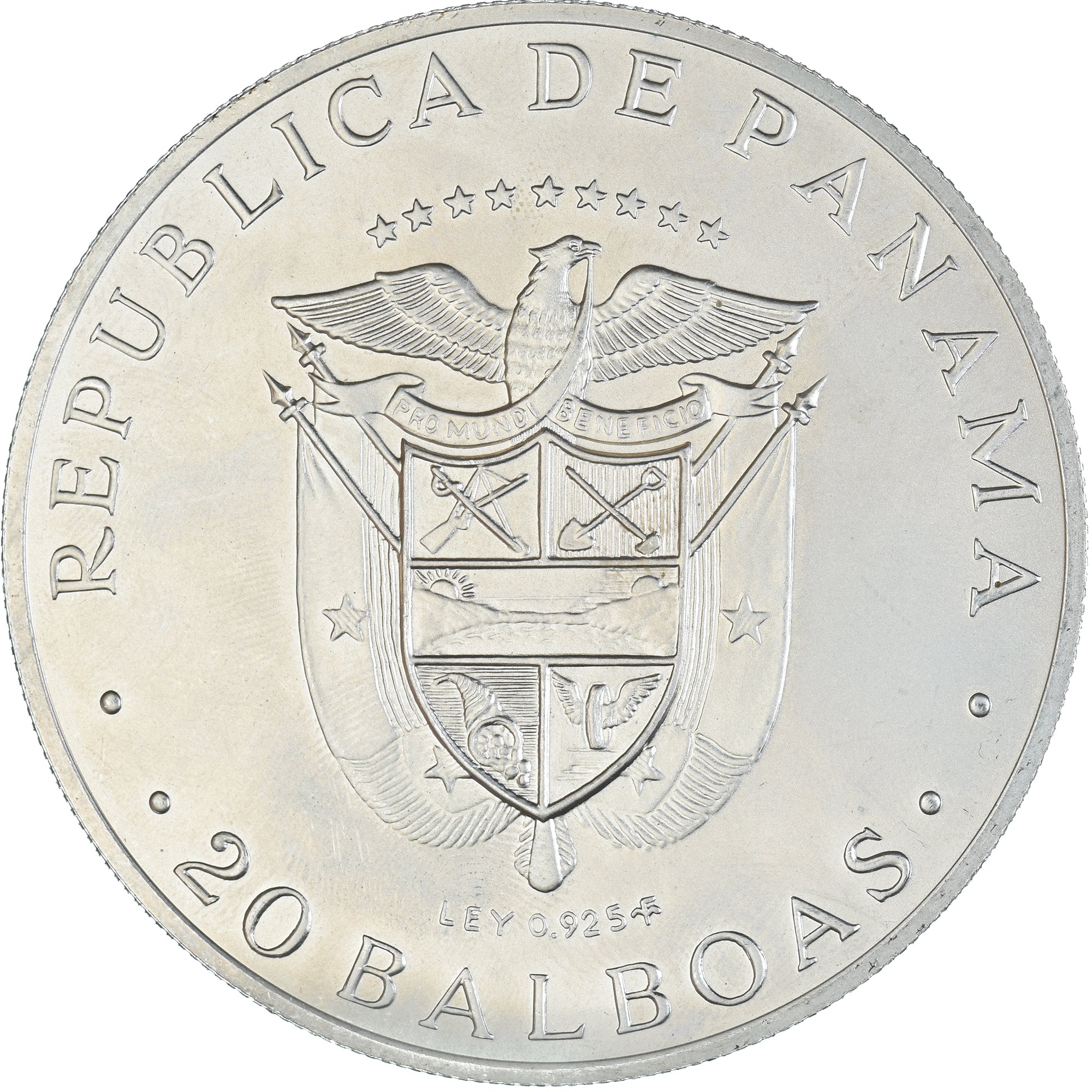 Coin, Panama, 20 Balboas, 1974, U.S. Mint, Simon Bolivar, MS(60-62), Silver