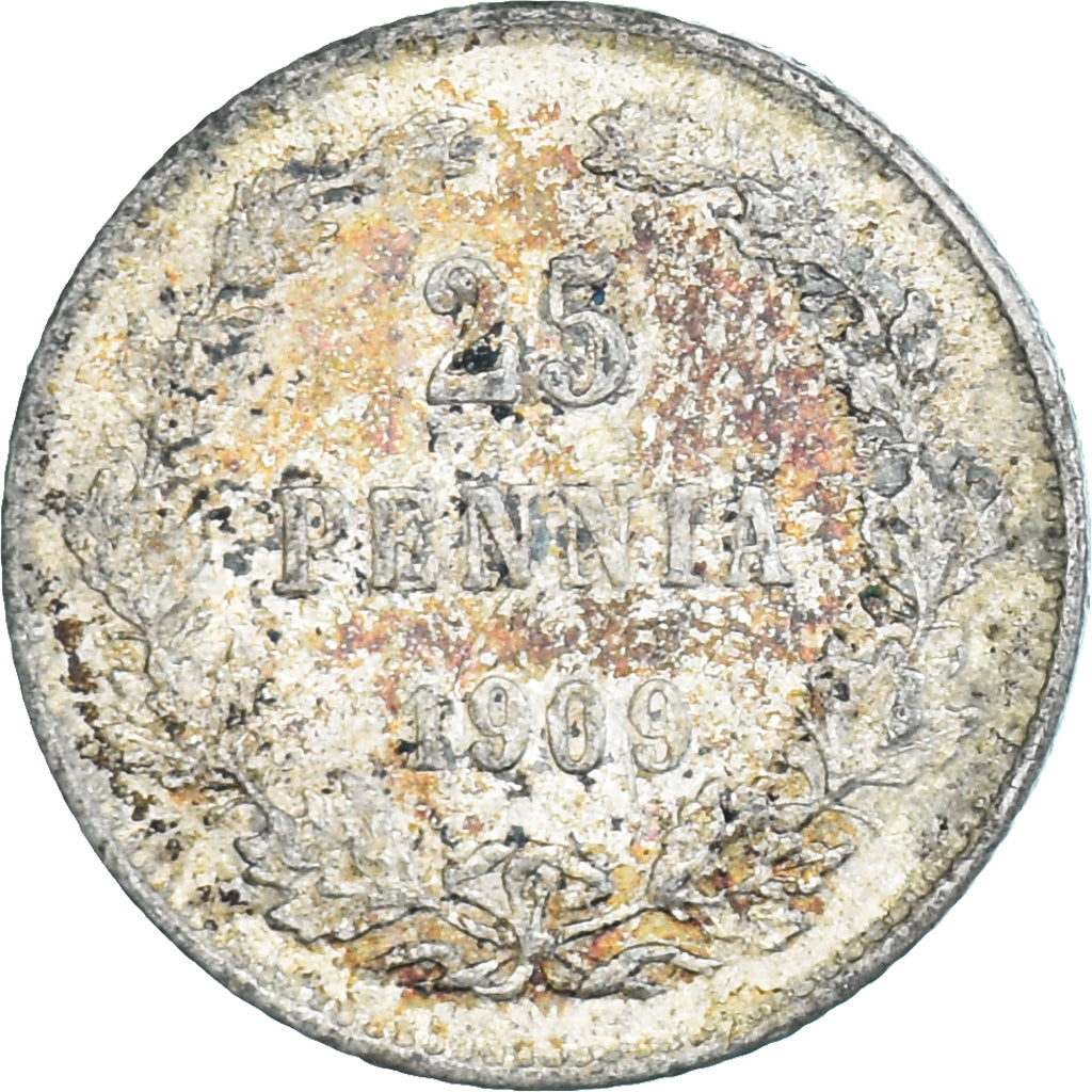 Moneda, Finlandia, Nicholas II, 25 Penniä, 1909, Helsinki, BC, Plata, KM:6.2