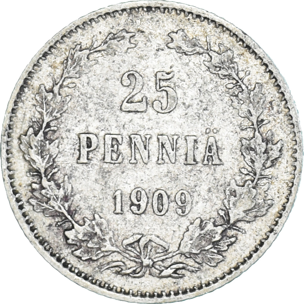 Moneda, Finlandia, Nicholas II, 25 Penniä, 1909, Helsinki, BC+, Plata, KM:6.2
