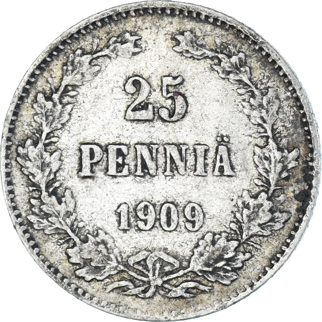 Moneda, Finlandia, Nicholas II, 25 Penniä, 1909, Helsinki, MBC+, Plata, KM:6.2
