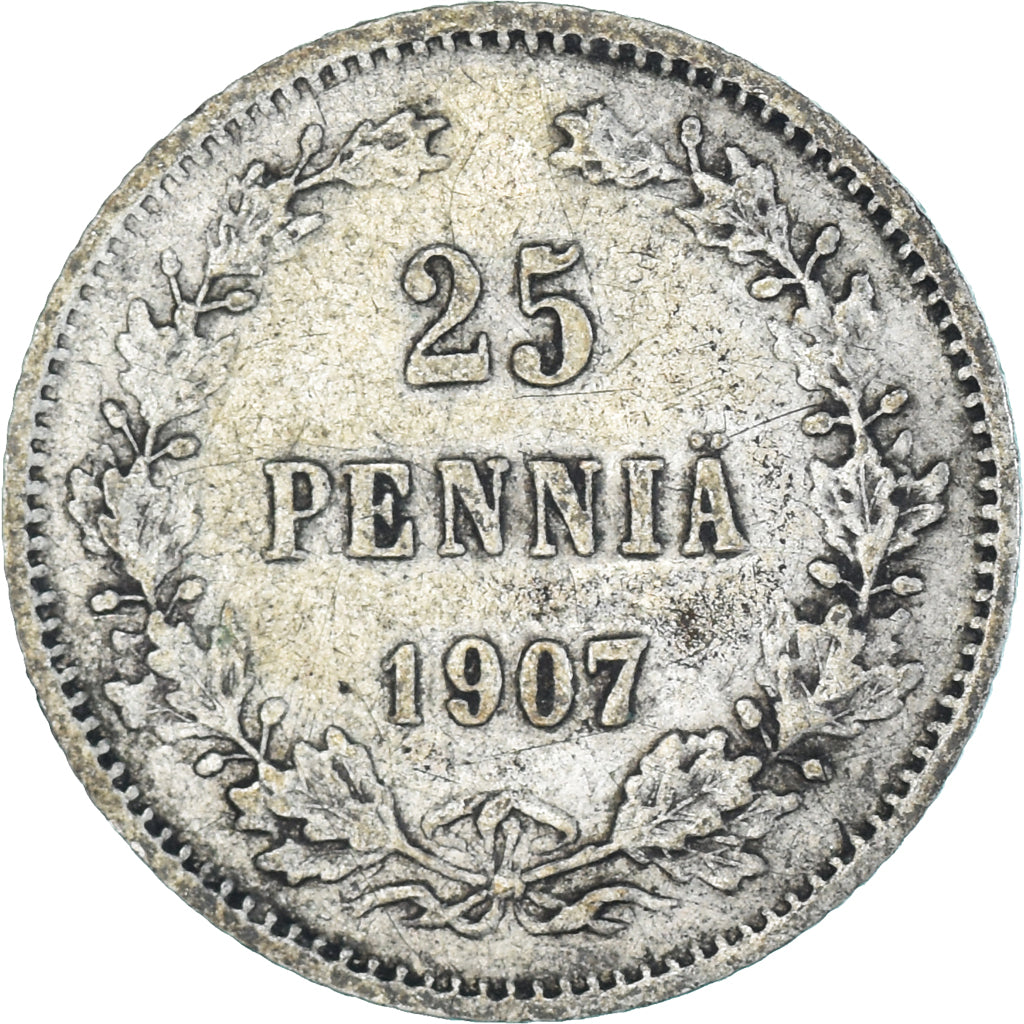 Moneda, Finlandia, Nicholas II, 25 Penniä, 1907, Helsinki, BC+, Plata, KM:6.2