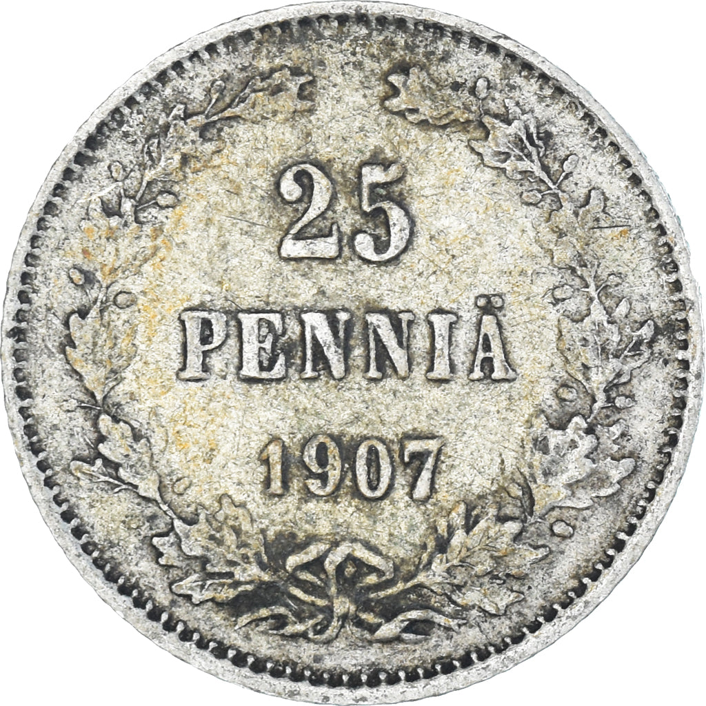 Moneda, Finlandia, Nicholas II, 25 Penniä, 1907, Helsinki, MBC+, Plata, KM:6.2