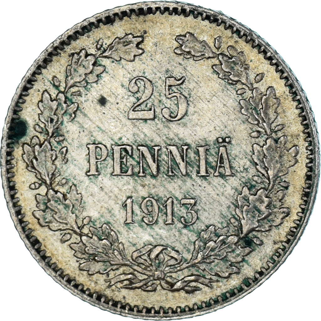 Moneda, Finlandia, Nicholas II, 25 Penniä, 1913, Helsinki, MBC, Plata, KM:6.2
