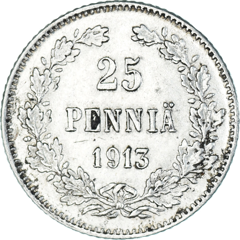 Moneda, Finlandia, Nicholas II, 25 Penniä, 1913, Helsinki, MBC+, Plata, KM:6.2