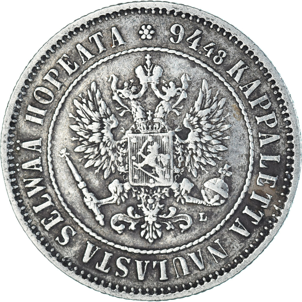 Moneda, Finlandia, Alexander III, Markka, 1893, Helsinki, MBC+, Plata, KM:3.2