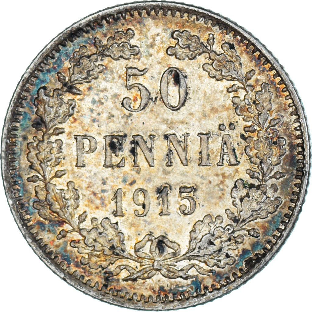 Moneda, Finlandia, Nicholas II, 50 Penniä, 1915, Helsinki, MBC+, Plata, KM:2.2