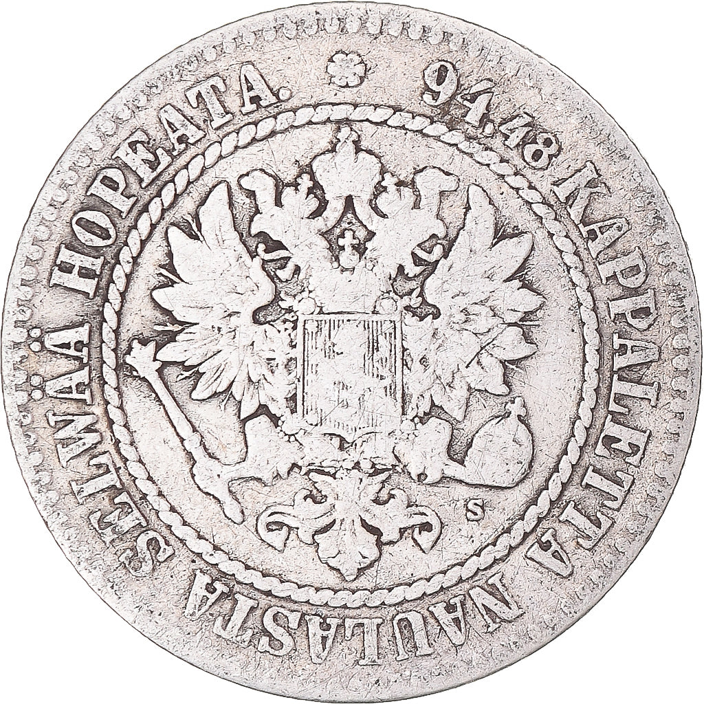 Coin, Finland, Alexander II, Markka, 1865, Helsinki, VG(8-10), Silver, KM:3.1