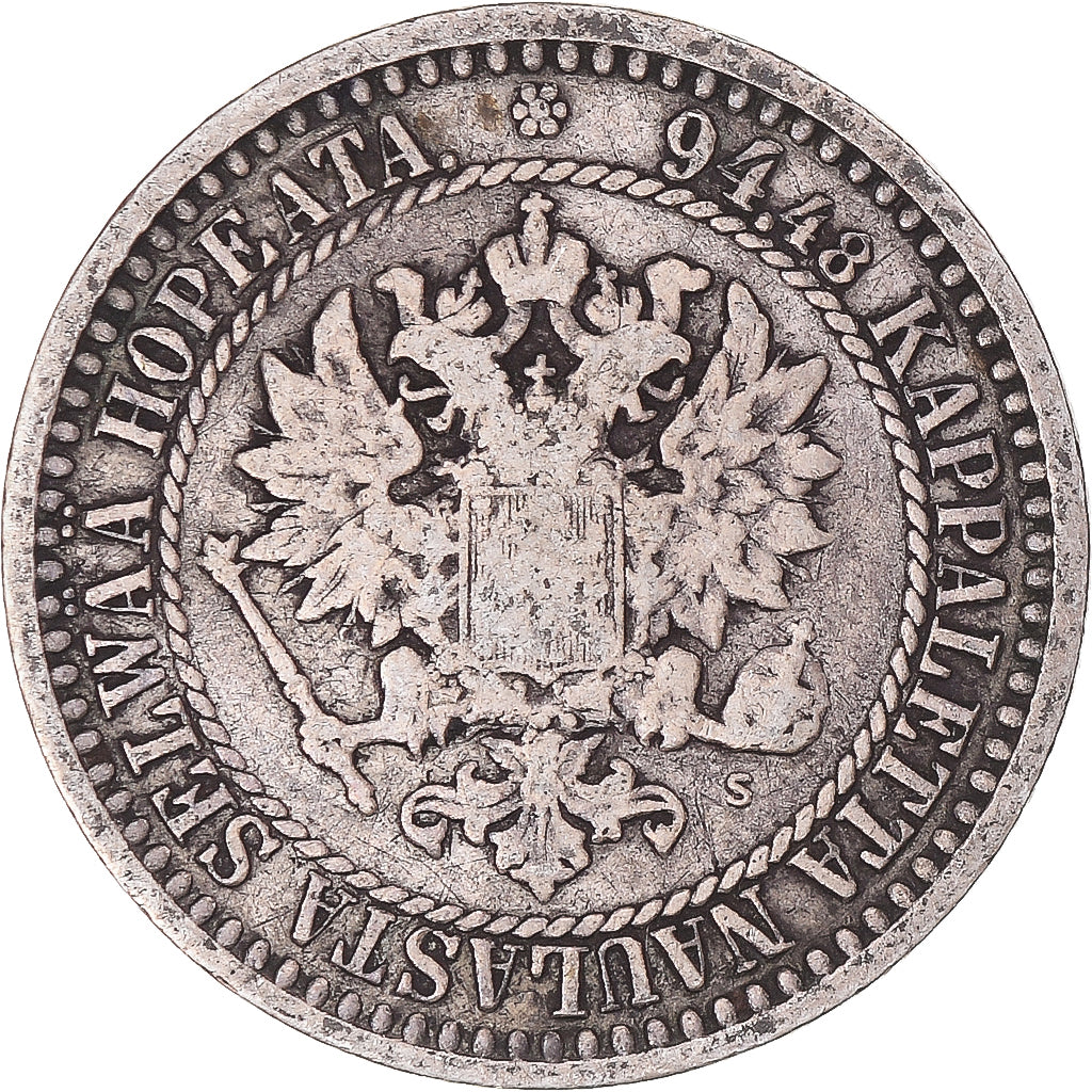 Moneta, Finlandia, Alexander II, Markka, 1865, Helsinki, B+, Argento, KM:3.1