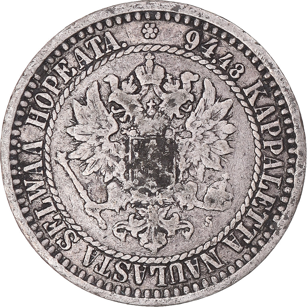 Moeda, Finlândia, Alexander II, Markka, 1865, Helsinki, F(12-15), Prata, KM:3.1