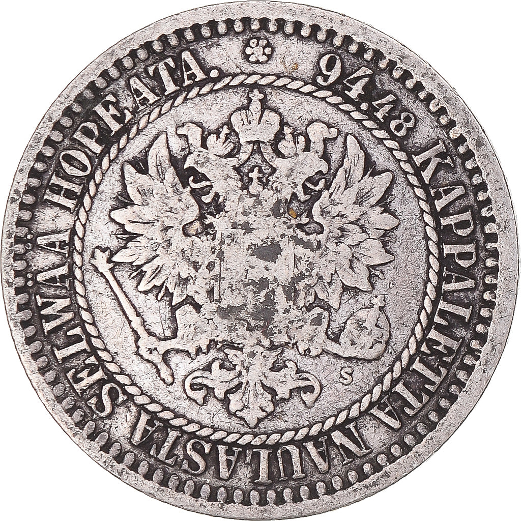 Coin, Finland, Alexander II, Markka, 1865, Helsinki, F(12-15), Silver, KM:3.1