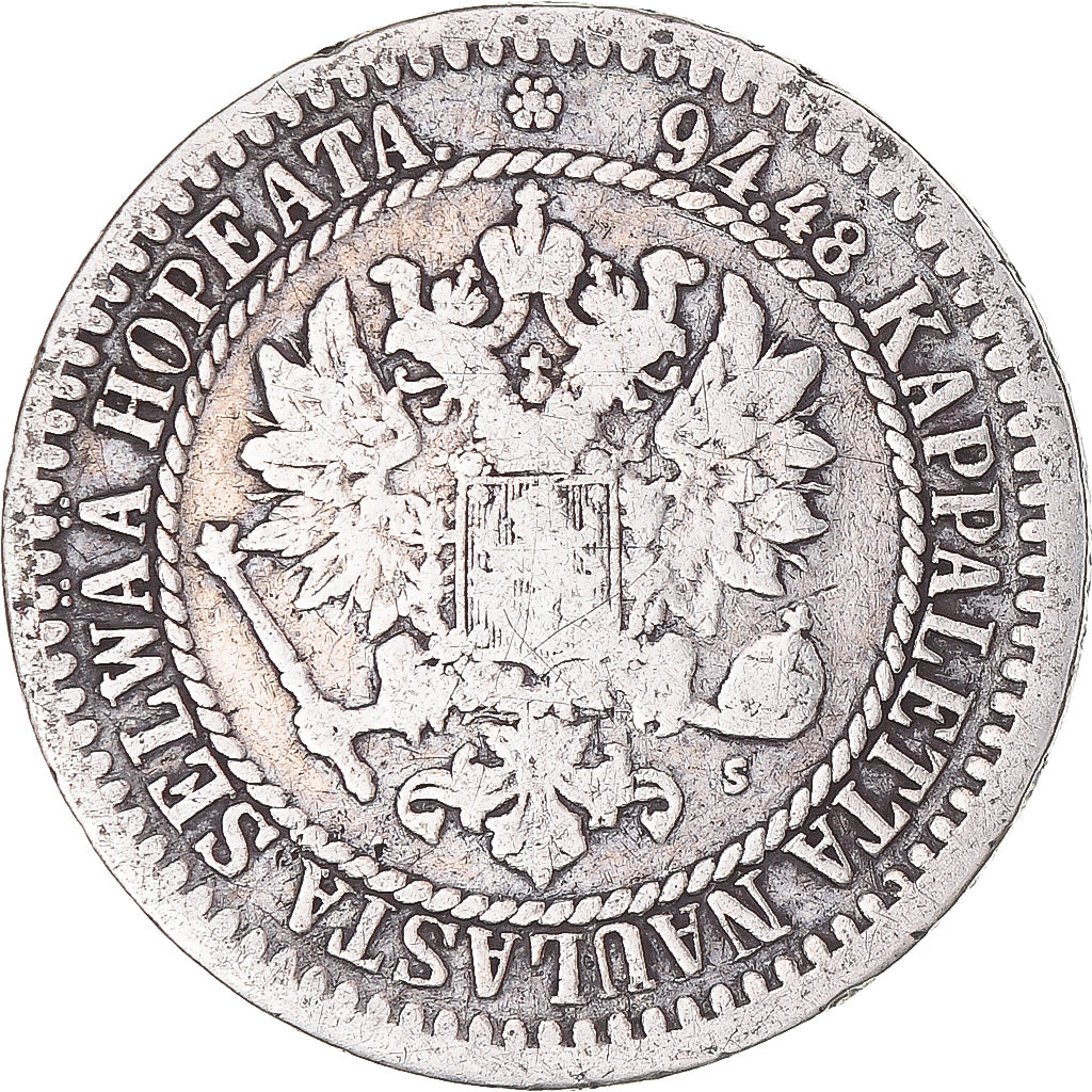 Coin, Finland, Alexander II, Markka, 1865, Helsinki, F(12-15), Silver, KM:3.1