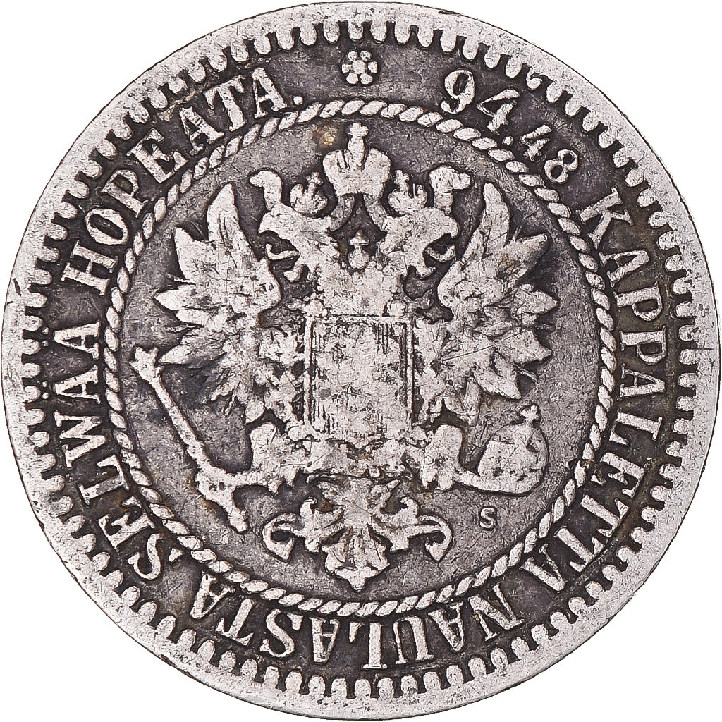 Moeda, Finlândia, Alexander II, Markka, 1865, Helsinki, F(12-15), Prata, KM:3.1