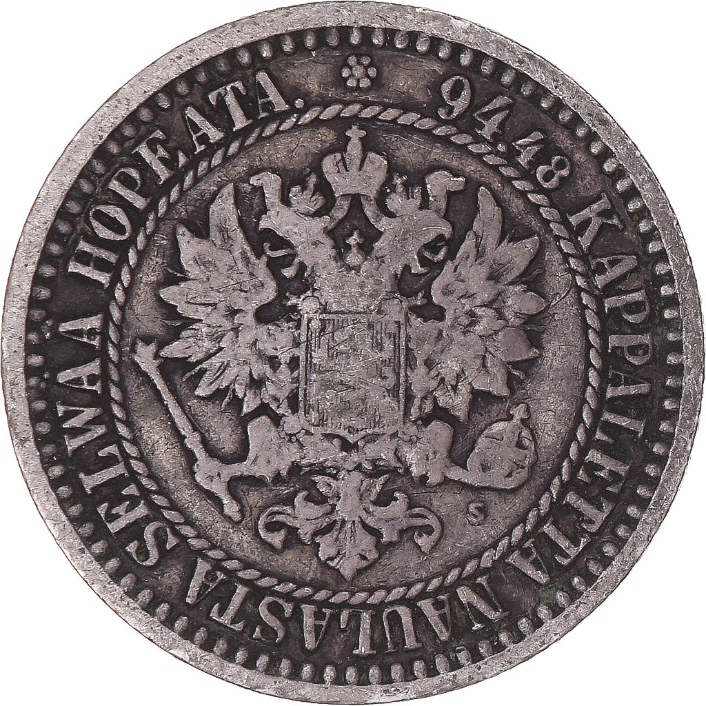 Moeda, Finlândia, Alexander II, Markka, 1865, Helsinki, F(12-15), Prata, KM:3.1