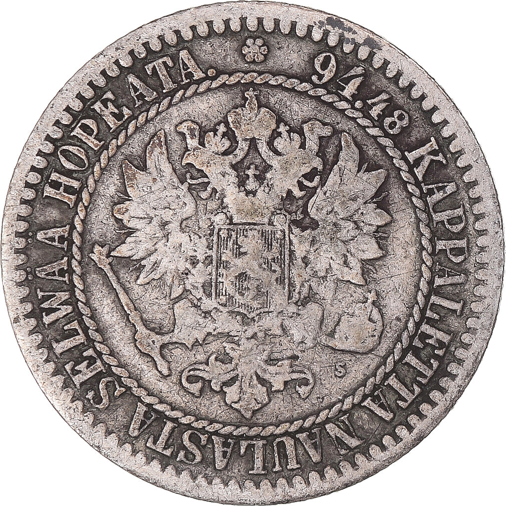 Moeda, Finlândia, Alexander II, Markka, 1865, Helsinki, F(12-15), Prata, KM:3.1