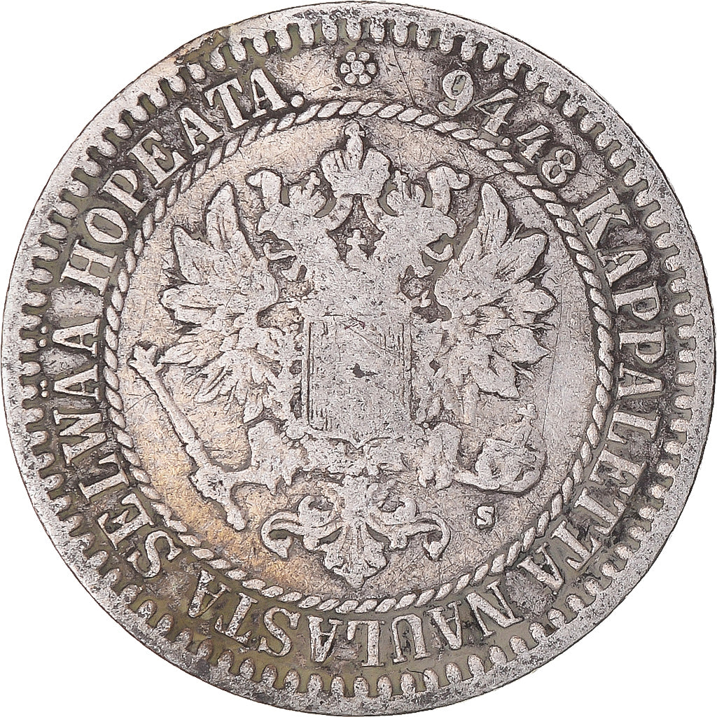 Moeda, Finlândia, Alexander II, Markka, 1865, Helsinki, F(12-15), Prata, KM:3.1