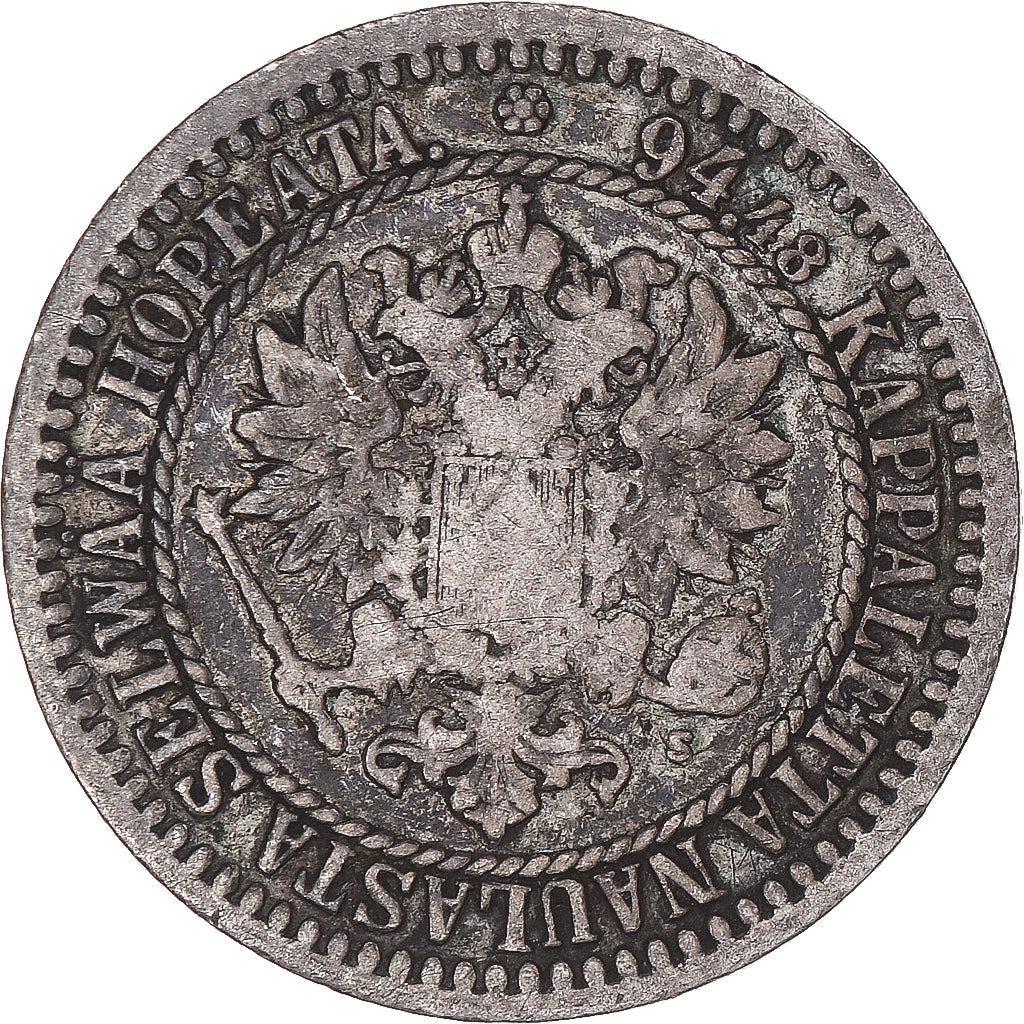 Moeda, Finlândia, Alexander II, Markka, 1865, Helsinki, F(12-15), Prata, KM:3.1