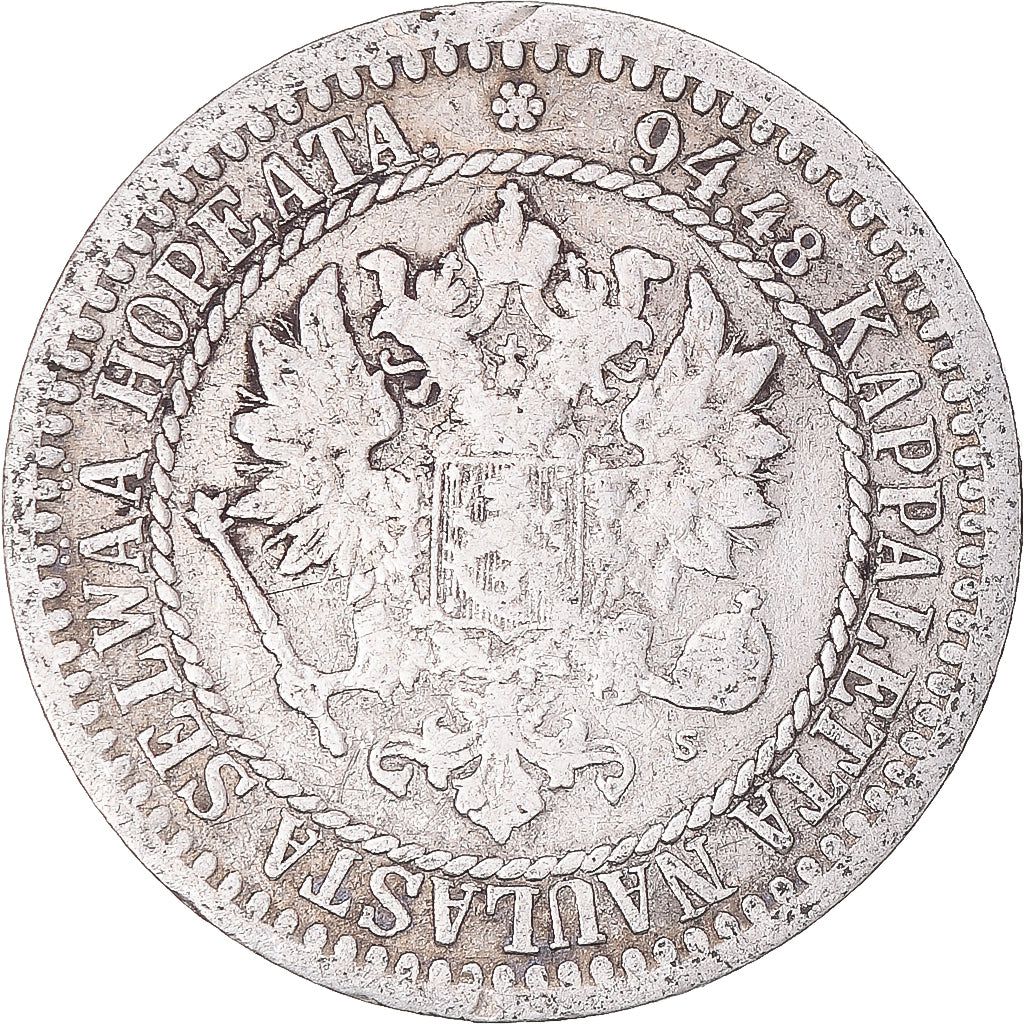 Moeda, Finlândia, Alexander II, Markka, 1865, Helsinki, F(12-15), Prata, KM:3.1