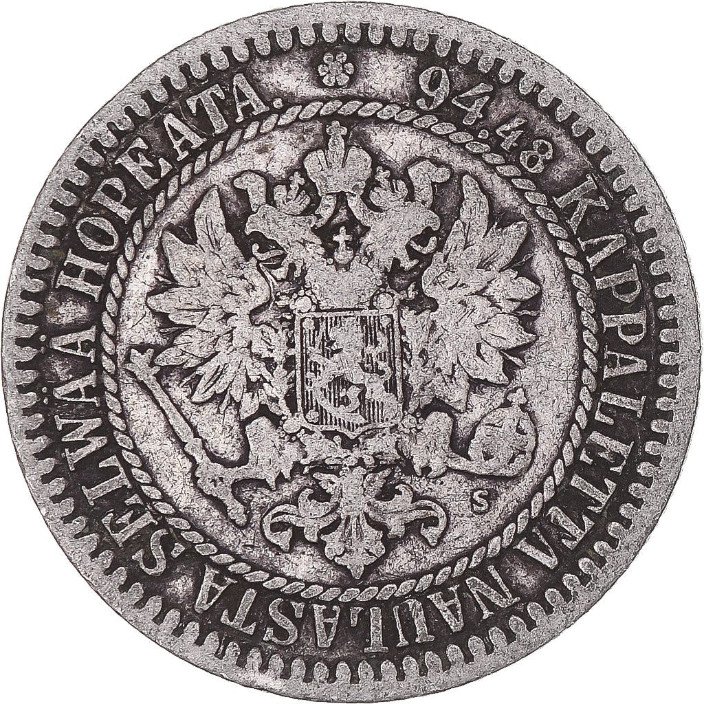Moneta, Finlandia, Alexander II, Markka, 1865, Helsinki, MB, Argento, KM:3.1