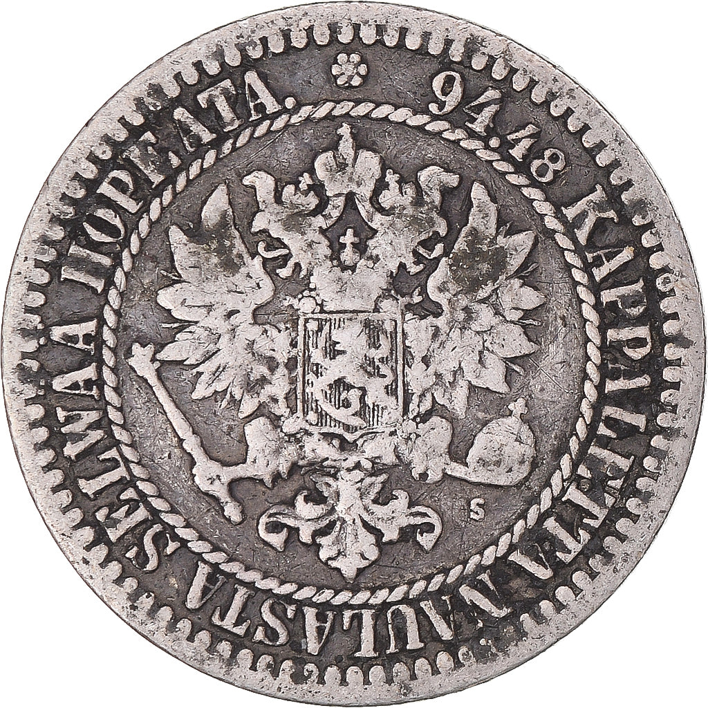 Coin, Finland, Alexander II, Markka, 1865, Helsinki, VF(20-25), Silver, KM:3.1