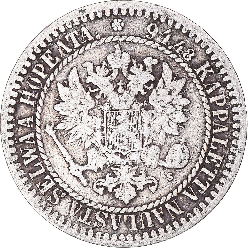 Moneda, Finlandia, Alexander II, Markka, 1865, Helsinki, BC+, Plata, KM:3.1