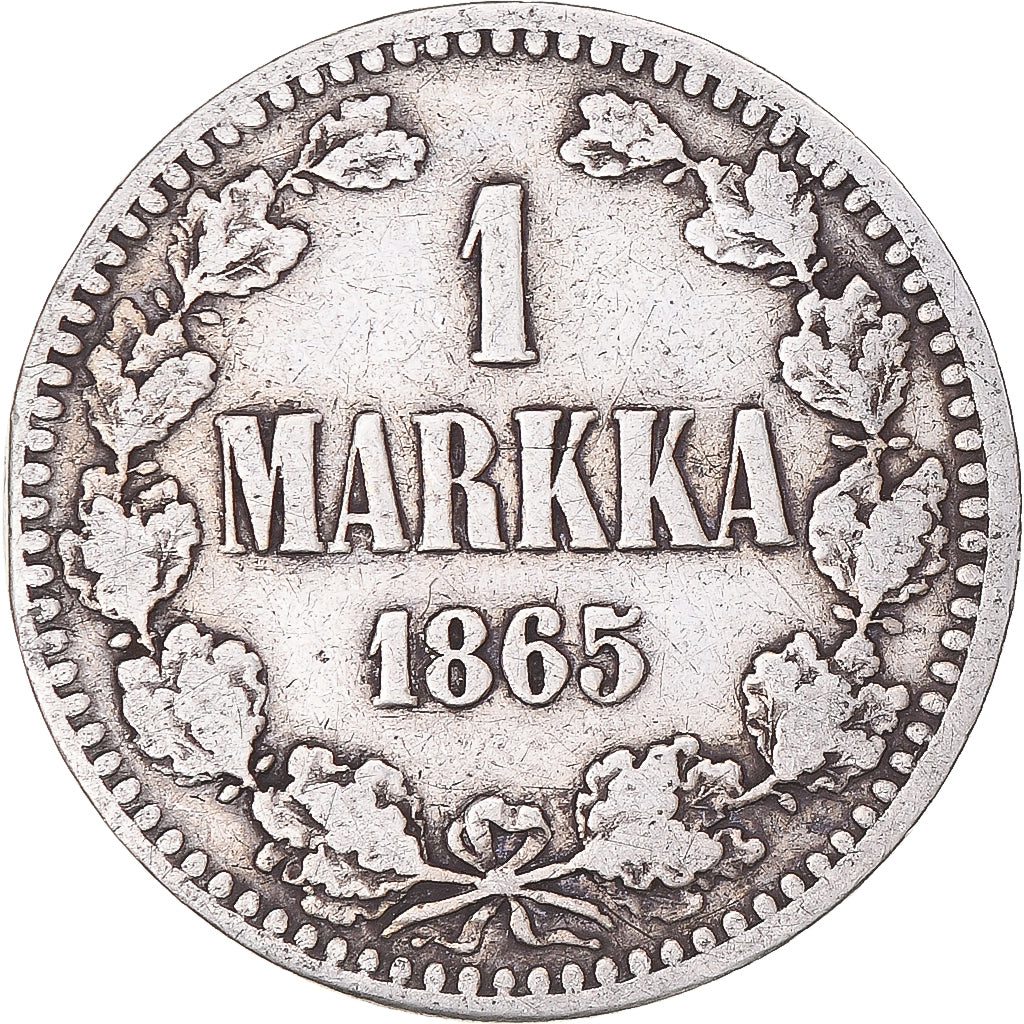 Moneda, Finlandia, Alexander II, Markka, 1865, Helsinki, BC+, Plata, KM:3.1